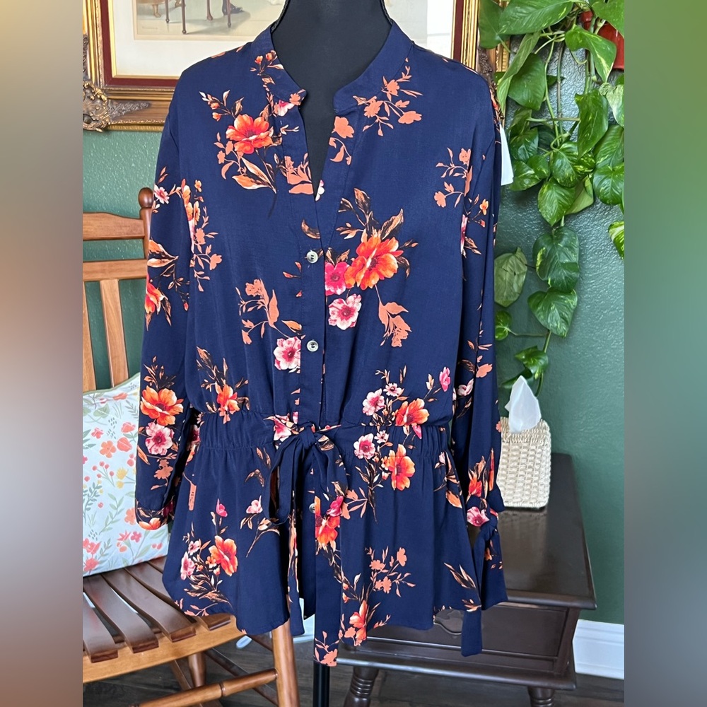 Sweet Rain Navy Blue Top with Floral Design